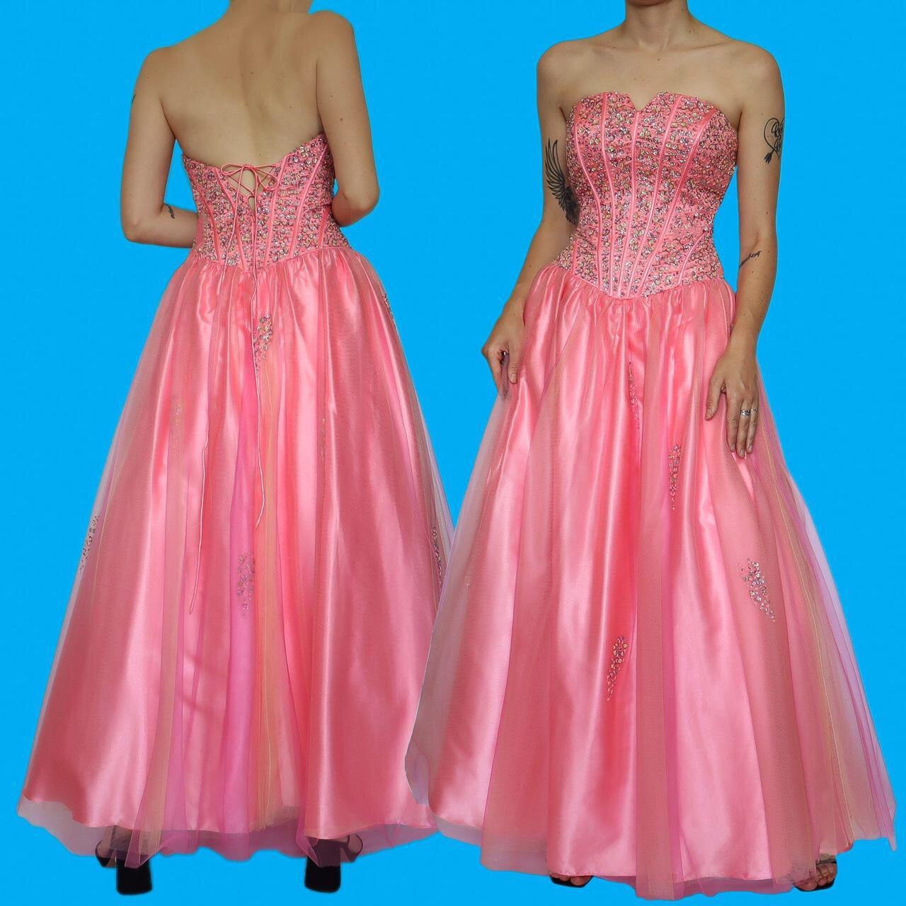 Stunning YVE pink a line sequin corset prom dress UK 14