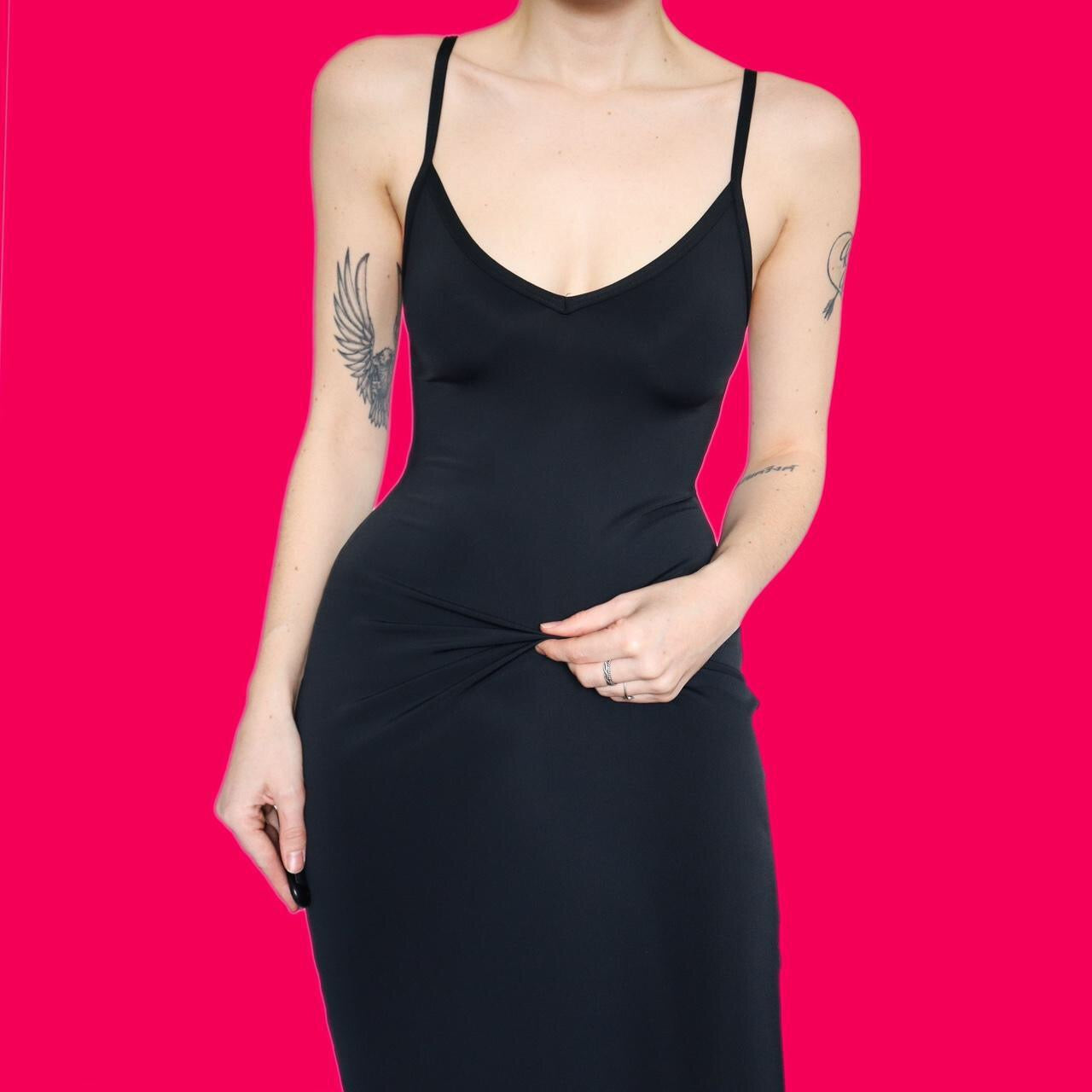 Super chic black stretch bodycon midi dress with caged back UK S