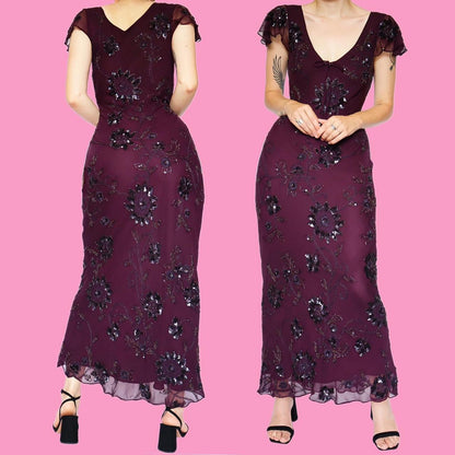 Purple Pure Silk Beaded Evening Dress UK 12