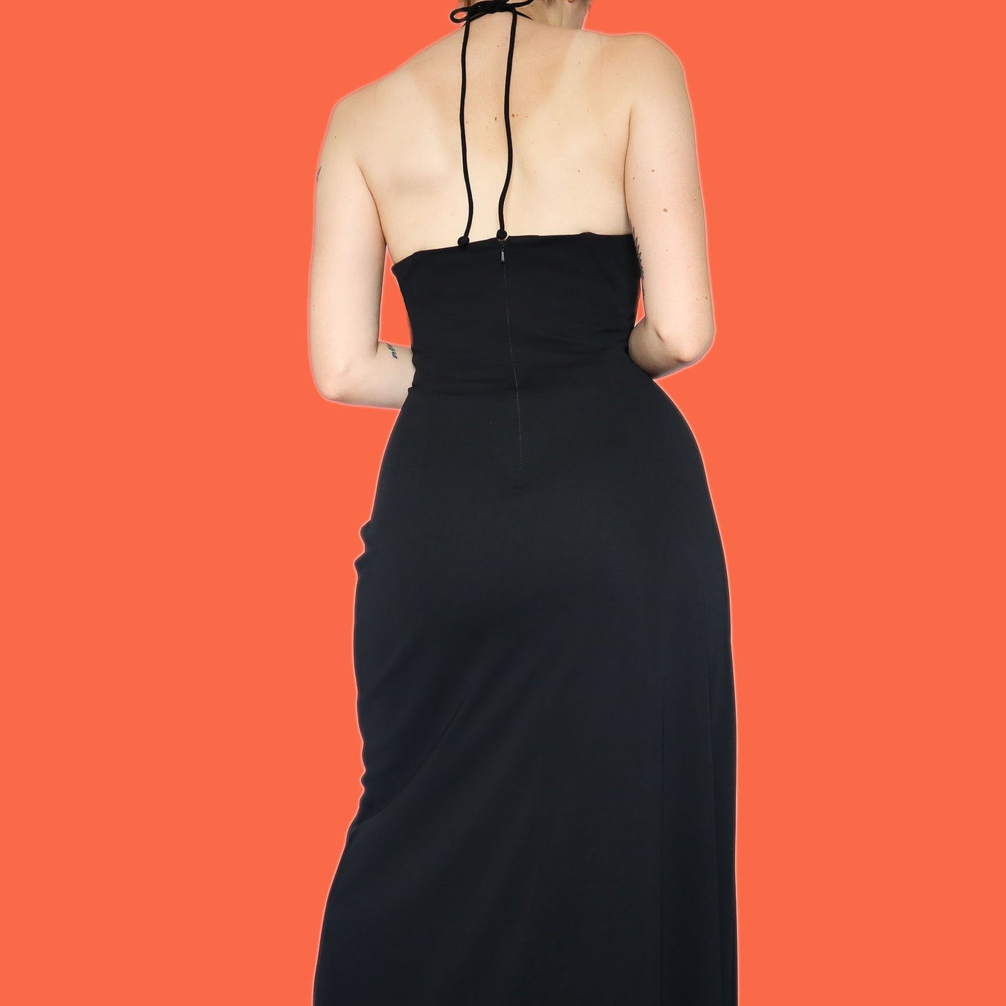 Beautiful black stretch a line halter-neck evening dress UK 12