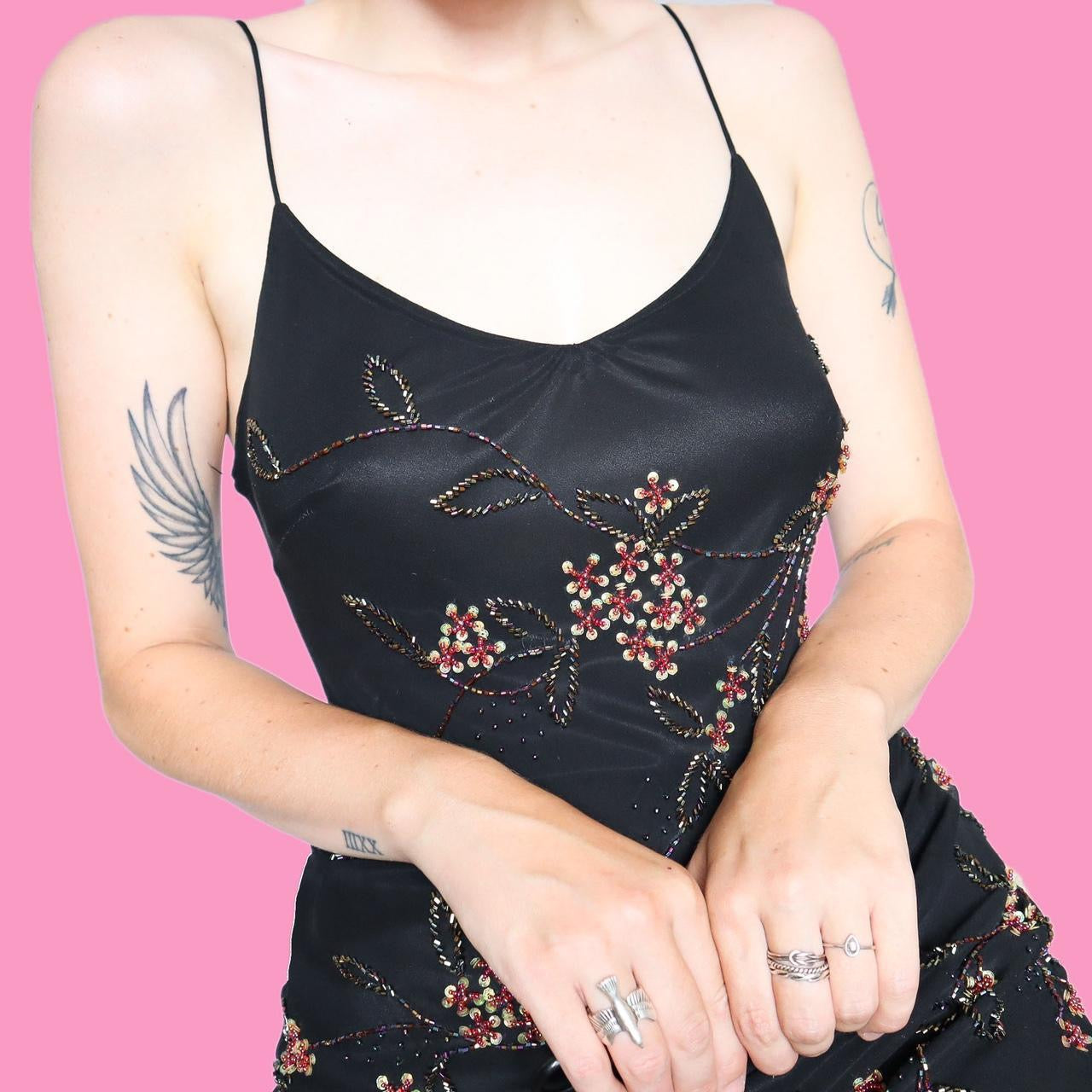 Beautiful 100% silk black beaded slip midi dress UK 12