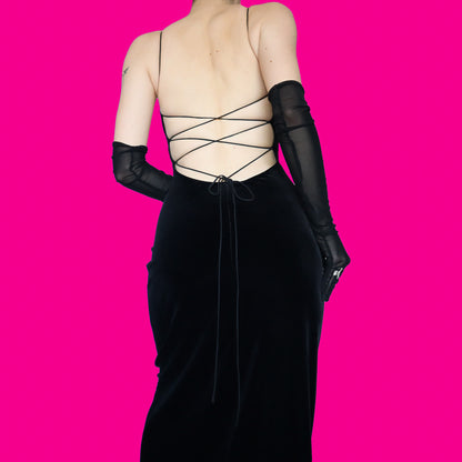 Black velvet lace up back evening dress UK 12