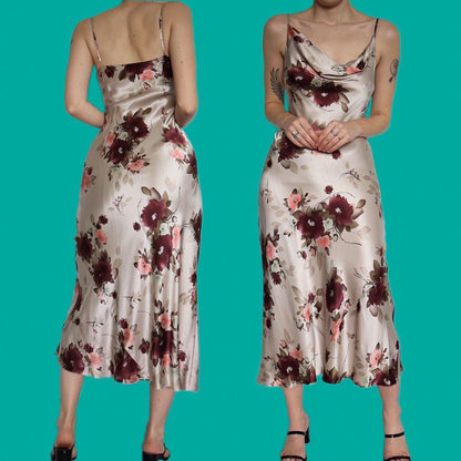Beautiful 100% silk floral slip midi dress UK 12