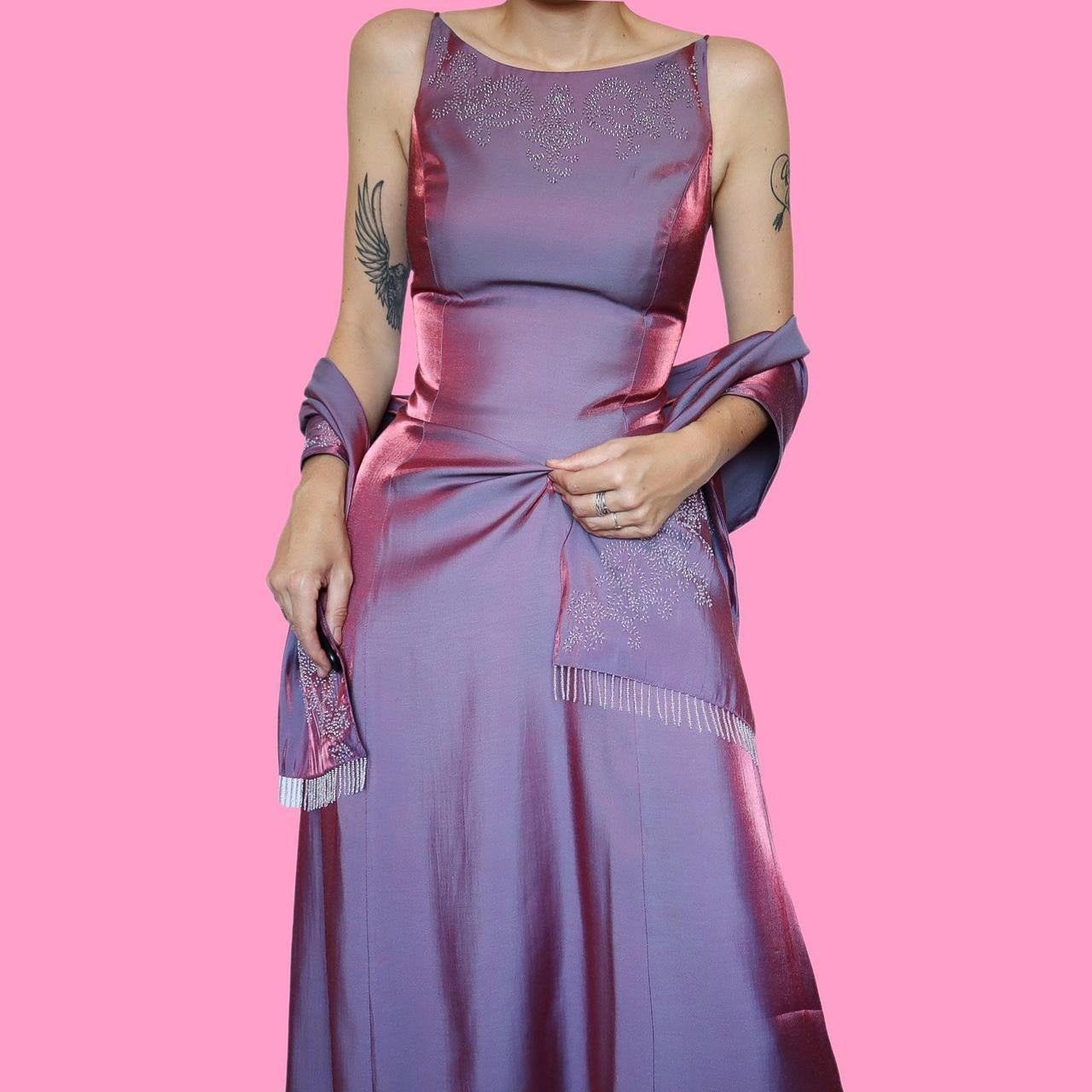 Lilac iridescent beaded evening dress with shawl UK 14
