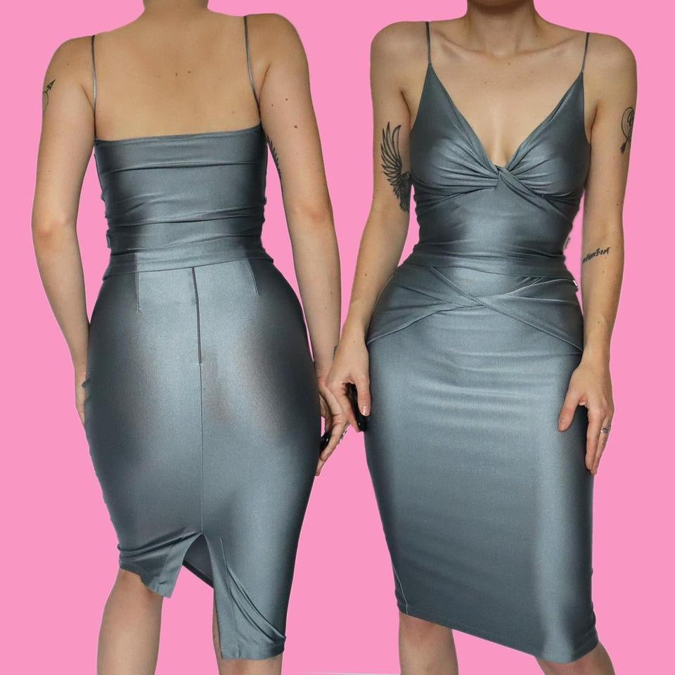 Silver stretch 2 piece top & skirt set UK 12