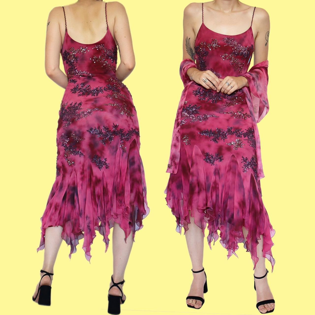Pink 100% silk tie dye midi dress with shawl UK 12