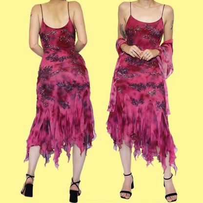 Pink 100% silk tie dye midi dress with shawl UK 12