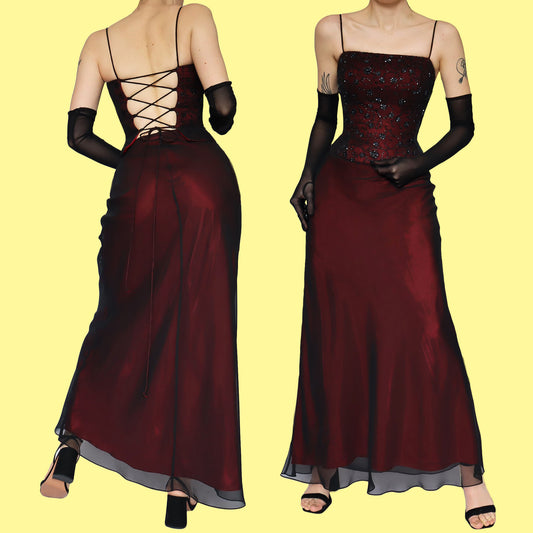Dark red beaded evening 2 piece UK 10