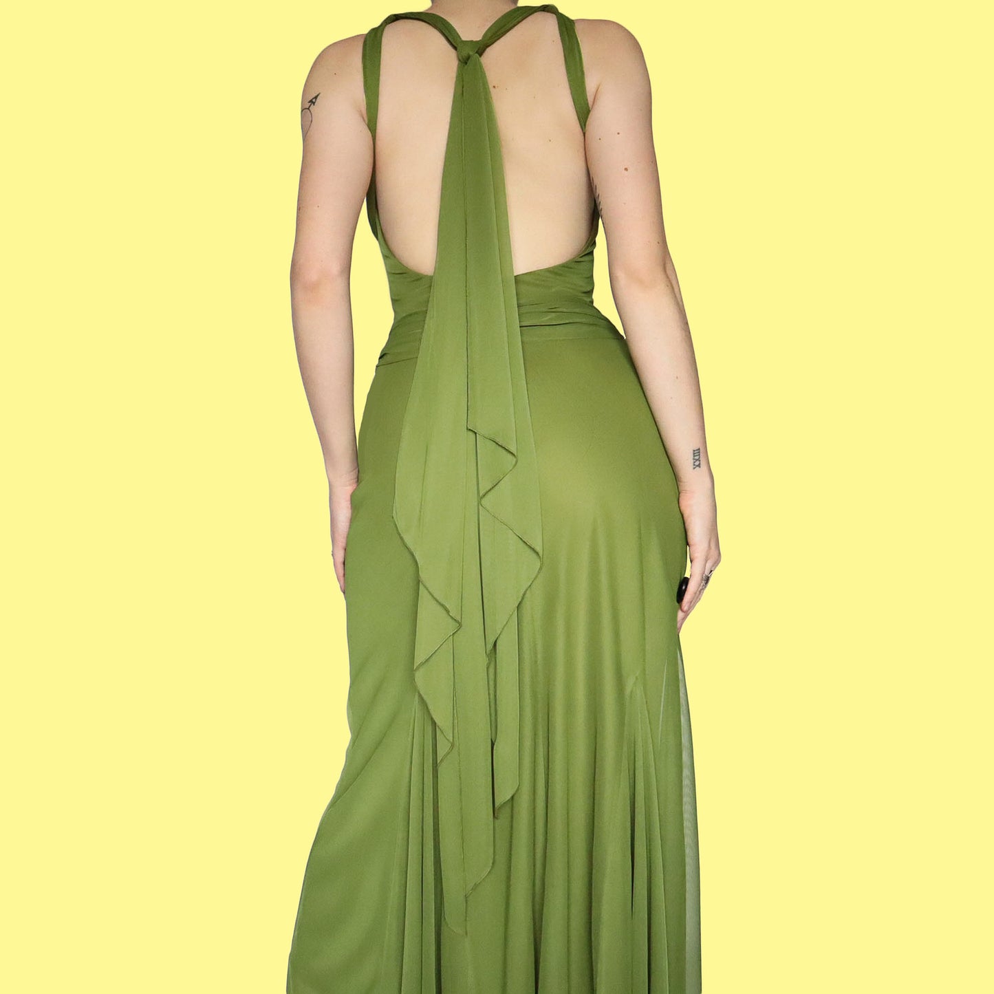 Green stretch open back evening dress UK 8