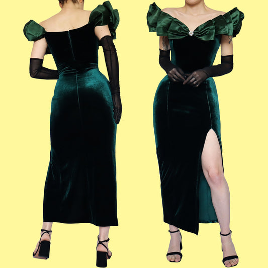 Dark green velvet cold shoulder evening dress UK 12
