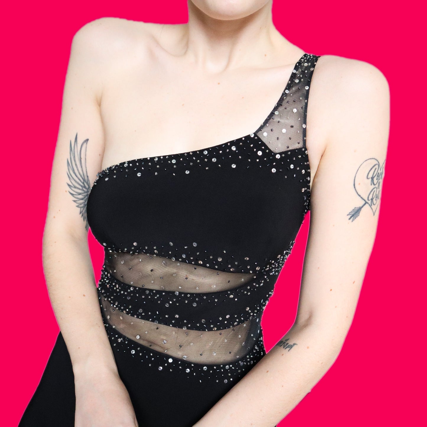 Stunning black stretch sheer panel evening dress UK 10