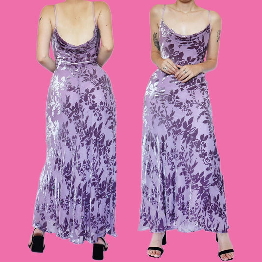Lilac 100% silk devore slip evening dress UK 14