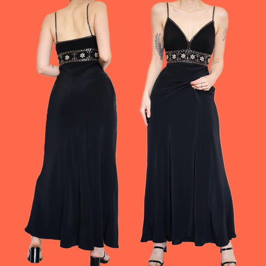 Chic black beaded evening dress size UK 12