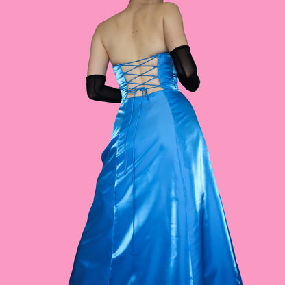 Bright blue strapless a line evening dress UK 10