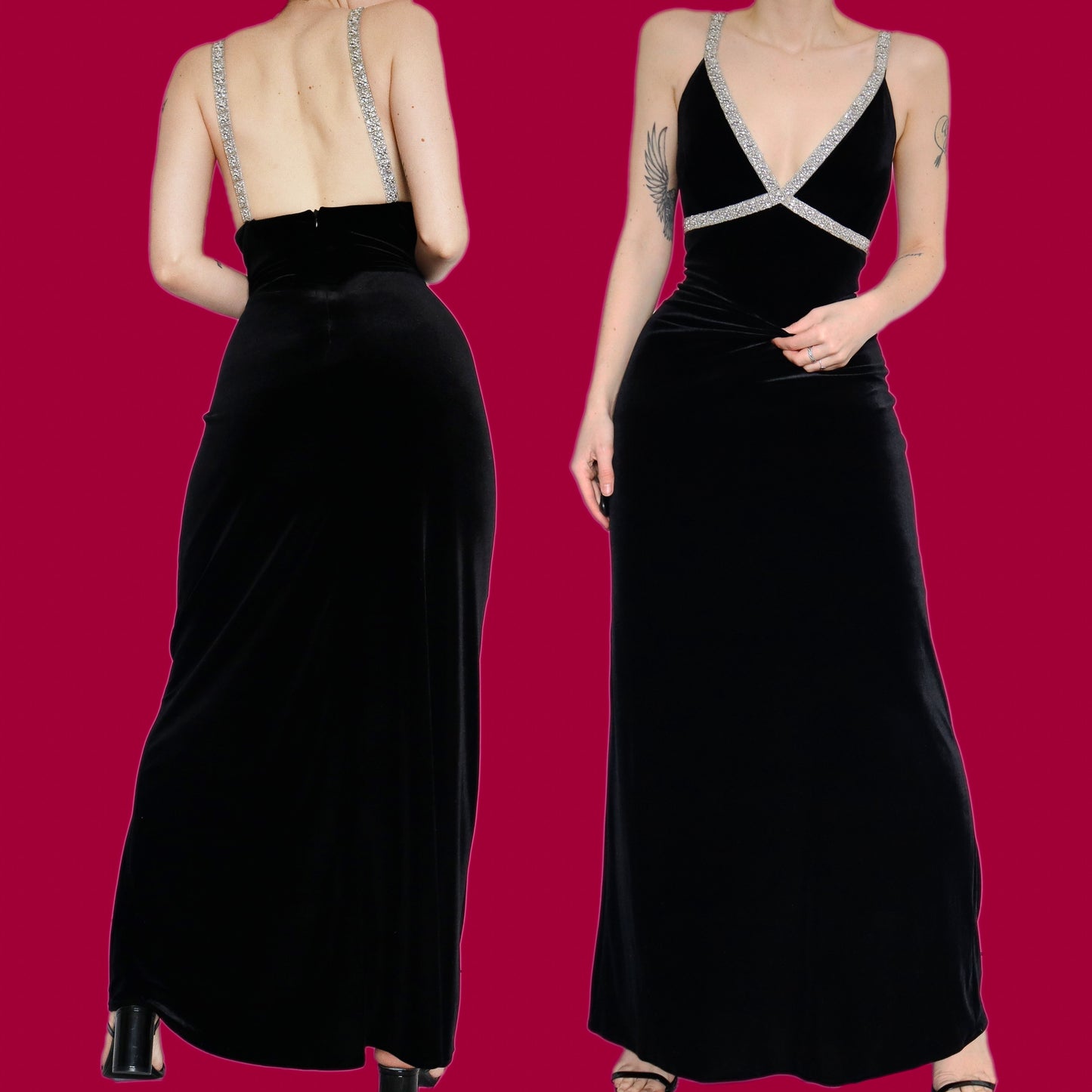 Chic black velvet stretch evening dress UK 16