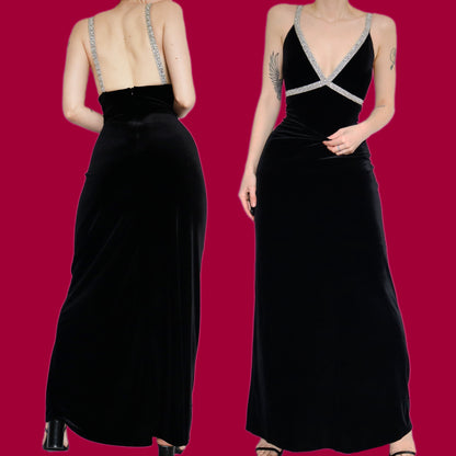 Chic black velvet stretch evening dress UK 16