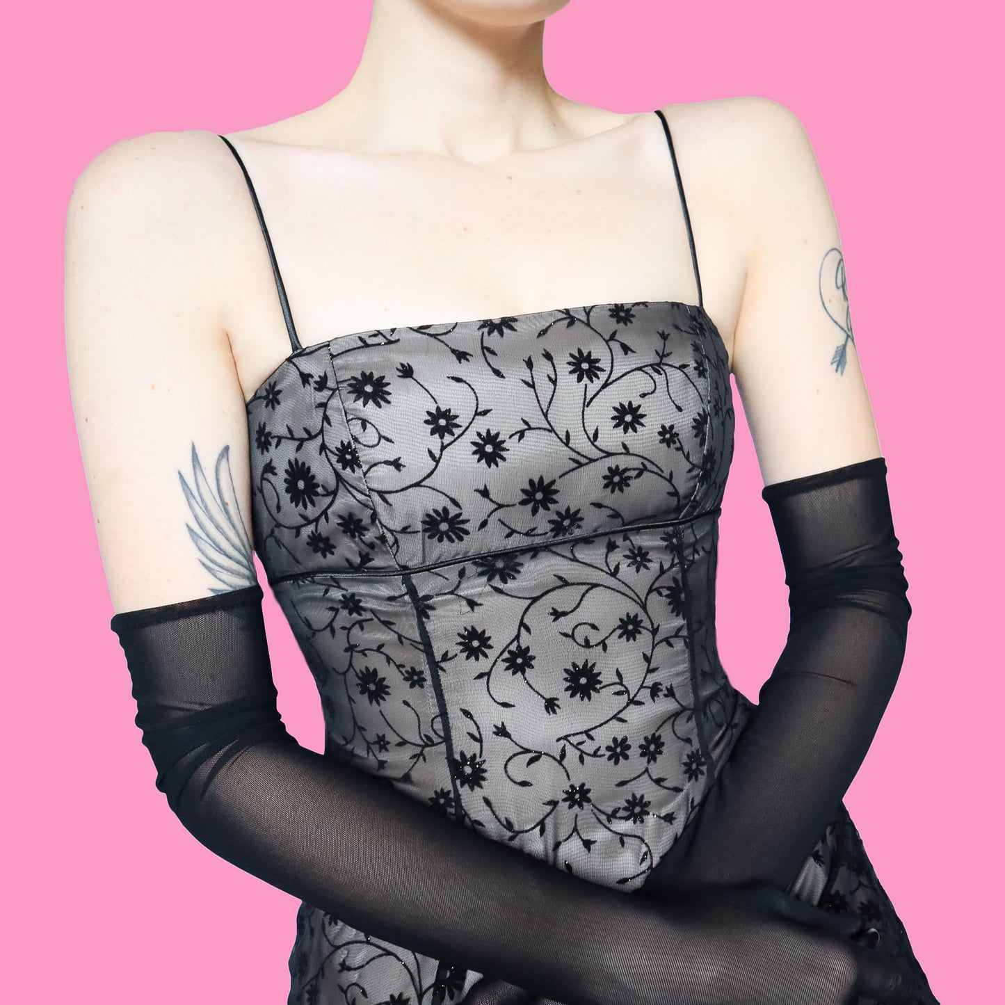 Black glittery floral a line prom dress UK 6