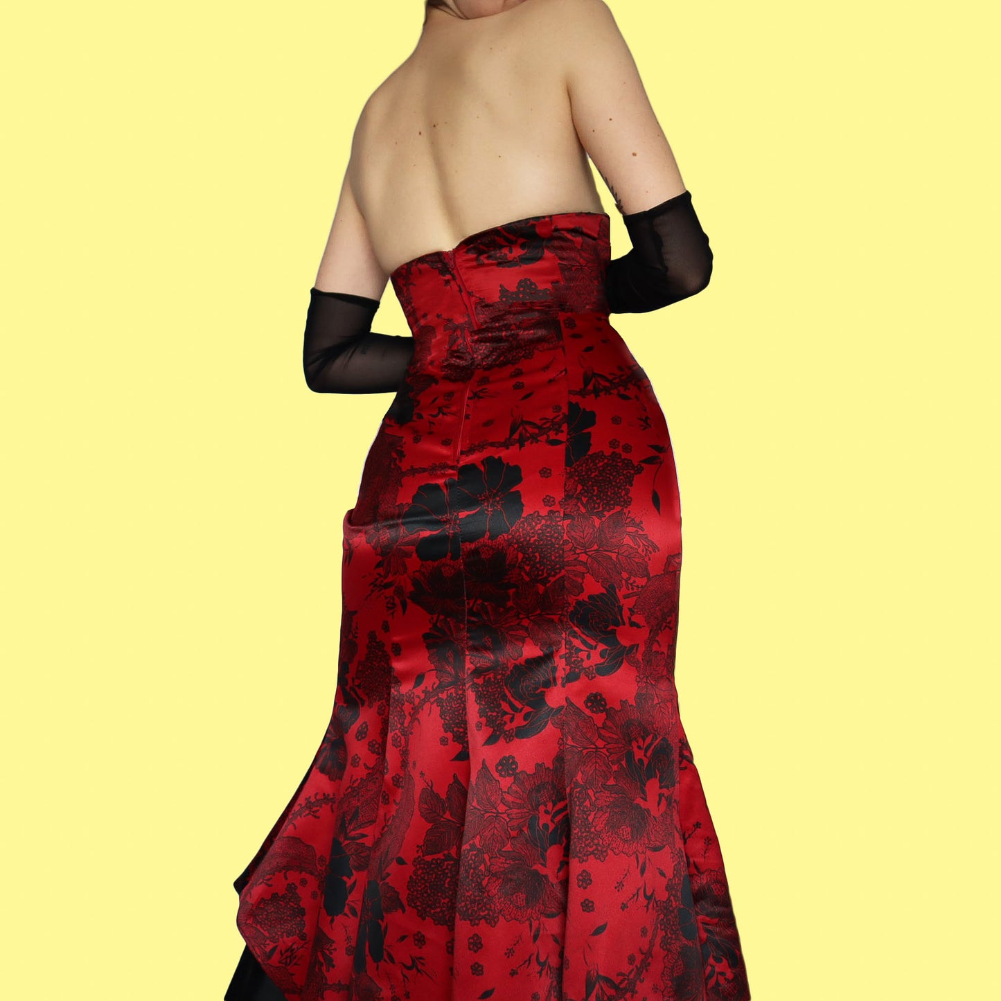 Red print strapless flared hem evening dress UK 14