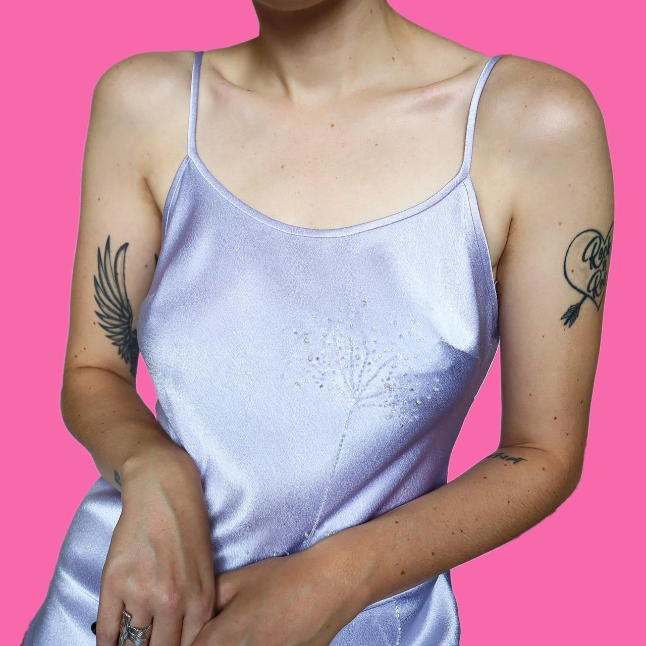 Silky lilac beaded slip evening dress UK 12