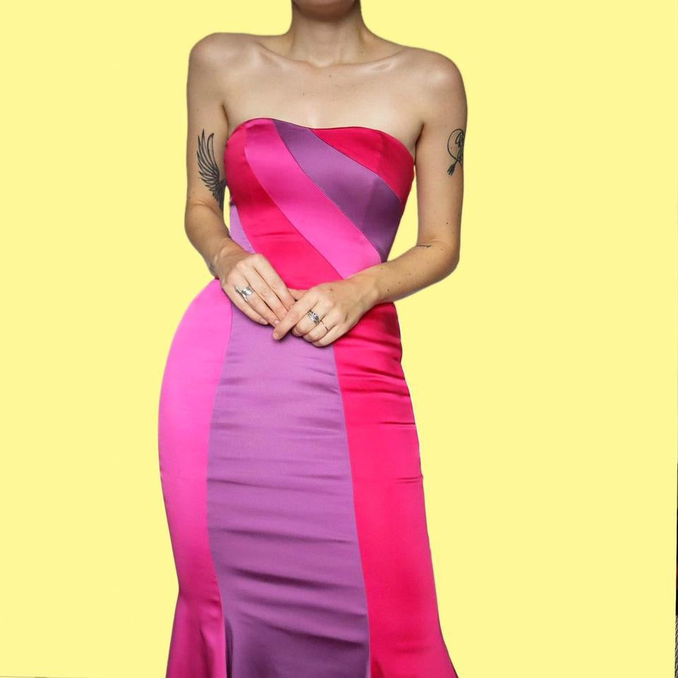 Strapless colourful fishtail evening dress UK 8