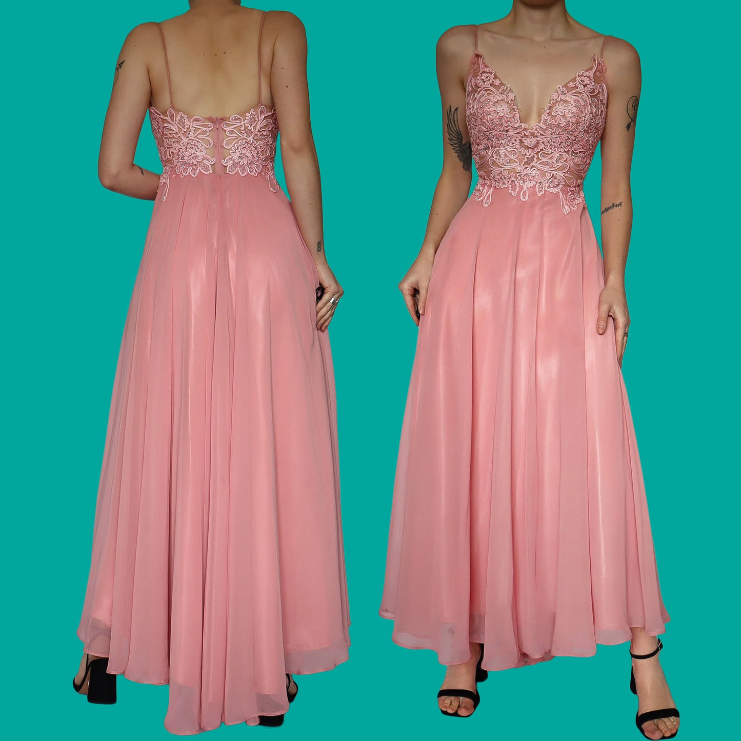 Pink lace flared evening dress UK 10