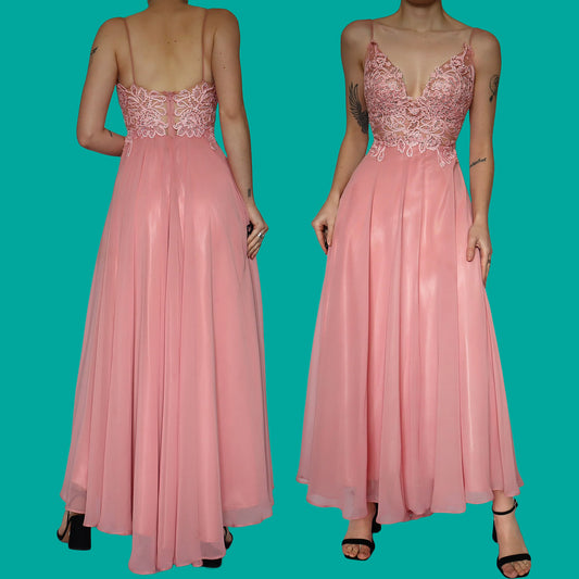 Pink lace flared evening dress UK 10