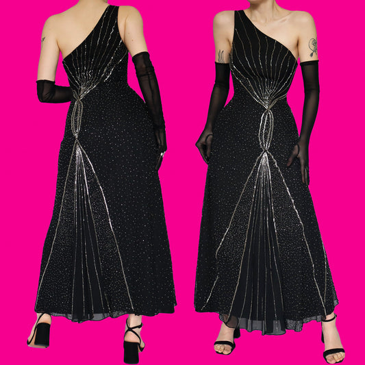 Black one shoulder beaded evening dress UK 12