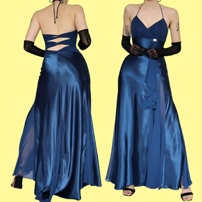 Blue satin halter-neck evening dress UK 12