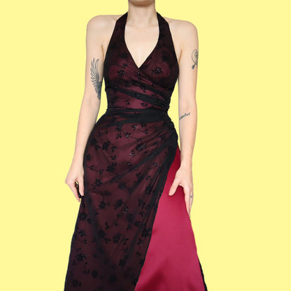 Red floral glittery halter neck evening dress UK 8