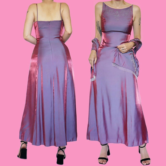 Lilac iridescent beaded evening dress with shawl UK 14