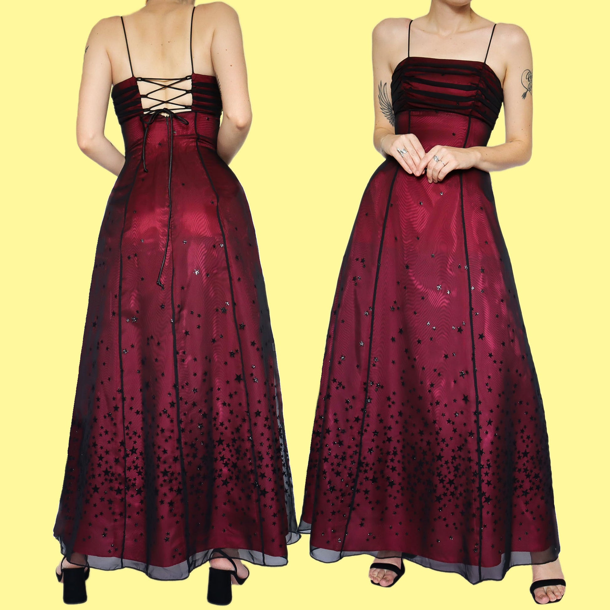 Red & black star glitter print prom dress UK 10 Scum Vintage Red & black star glitter print prom dress UK 10 Scum Vintage