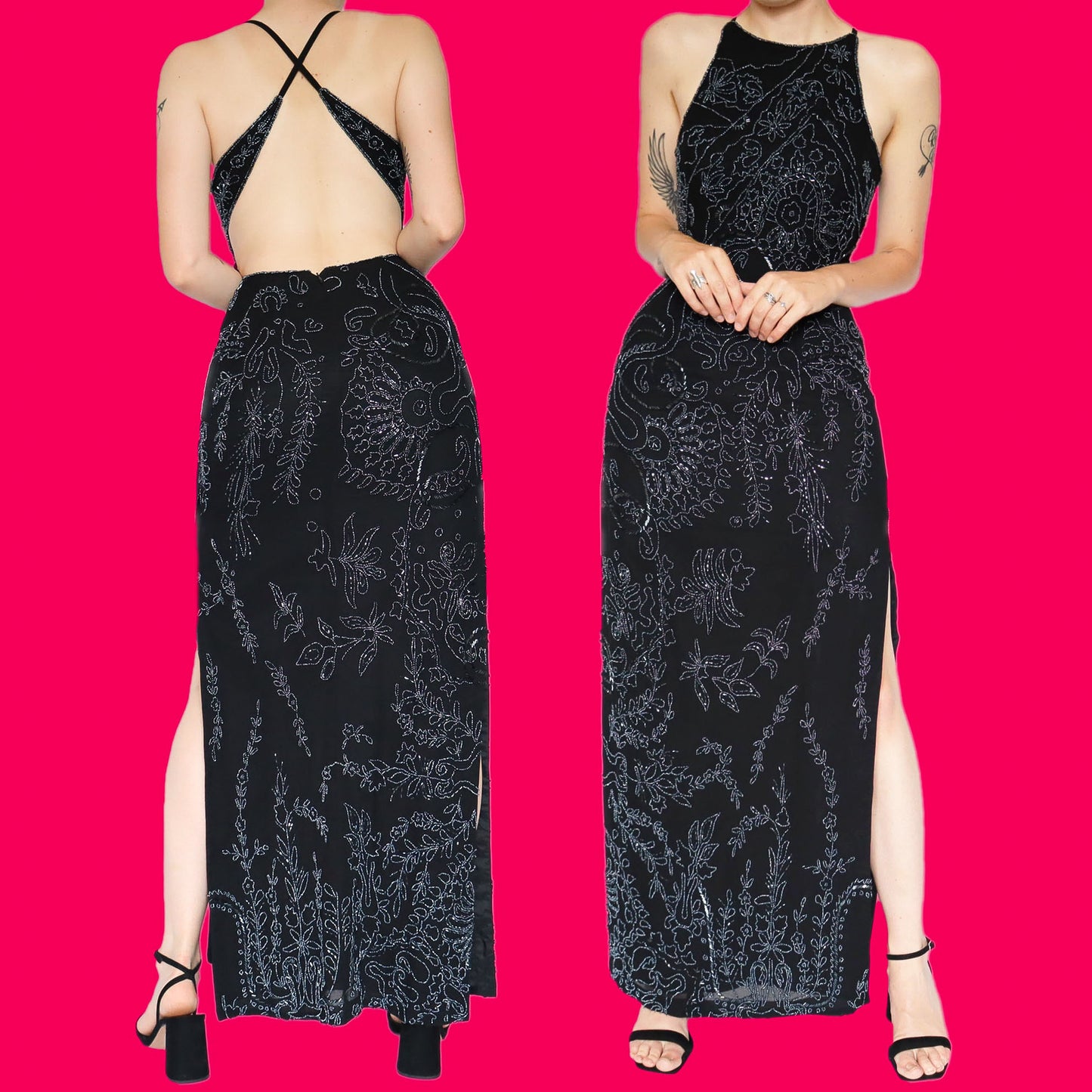 Stunning black heavily beaded evening dress UK 10