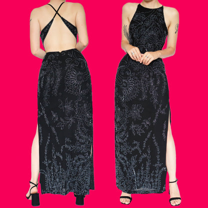 Stunning black heavily beaded evening dress UK 10