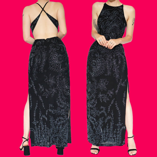 Stunning black heavily beaded evening dress UK 10
