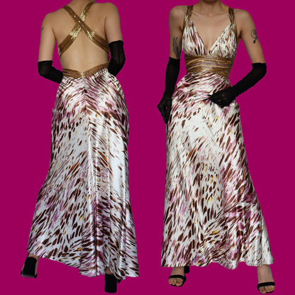 Silky print beaded evening dress UK 10