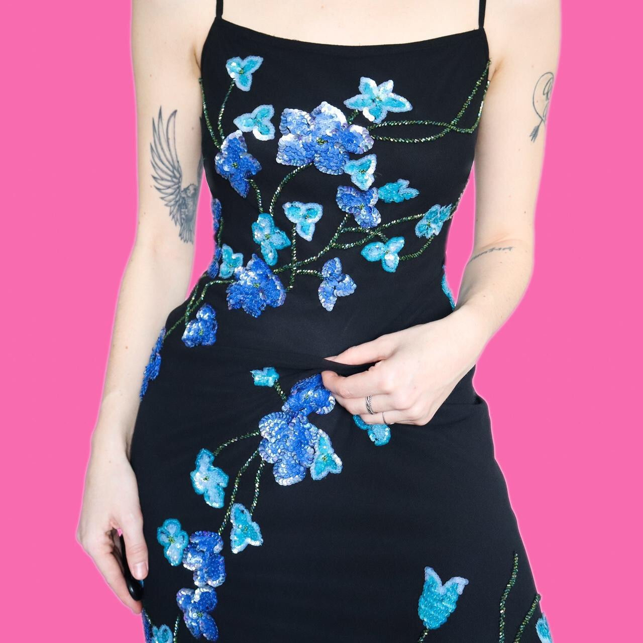 Beautiful black slip dress with blue floral sequin detail UK 12
