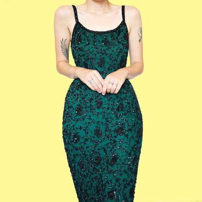 Green 100% silk beaded evening dress UK 12