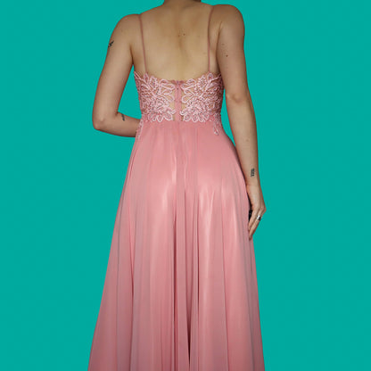 Pink lace flared evening dress UK 10