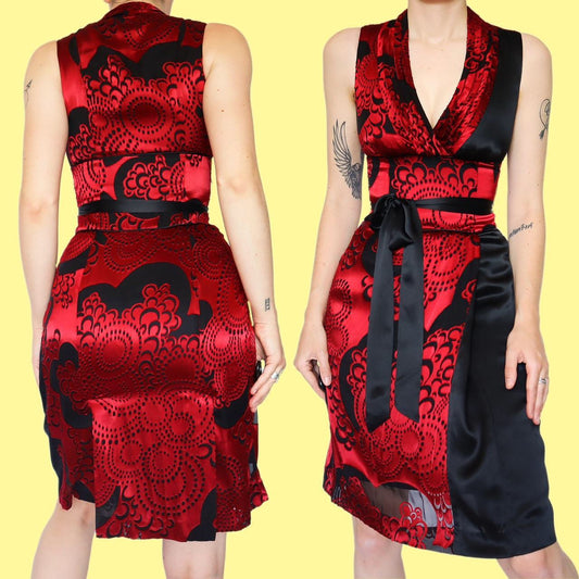 Beautiful silk blend red & black party dress UK 8