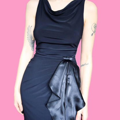 Navy stretch evening dress with satin frill UK 10