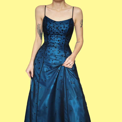 Glittery blue star print a line dress UK 8