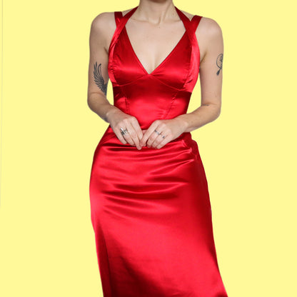 Beautiful bright red silky open back evening dress UK 12