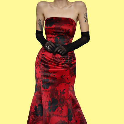 Red print strapless flared hem evening dress UK 14