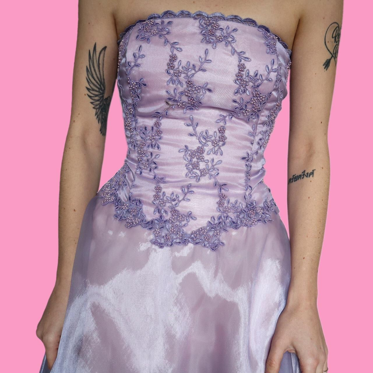 Beautiful a-line shimmery lilac lace corset evening dress UK 12