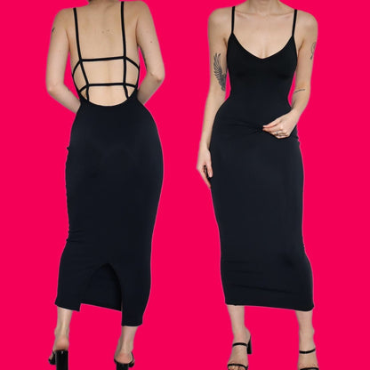 Super chic black stretch bodycon midi dress with caged back UK S