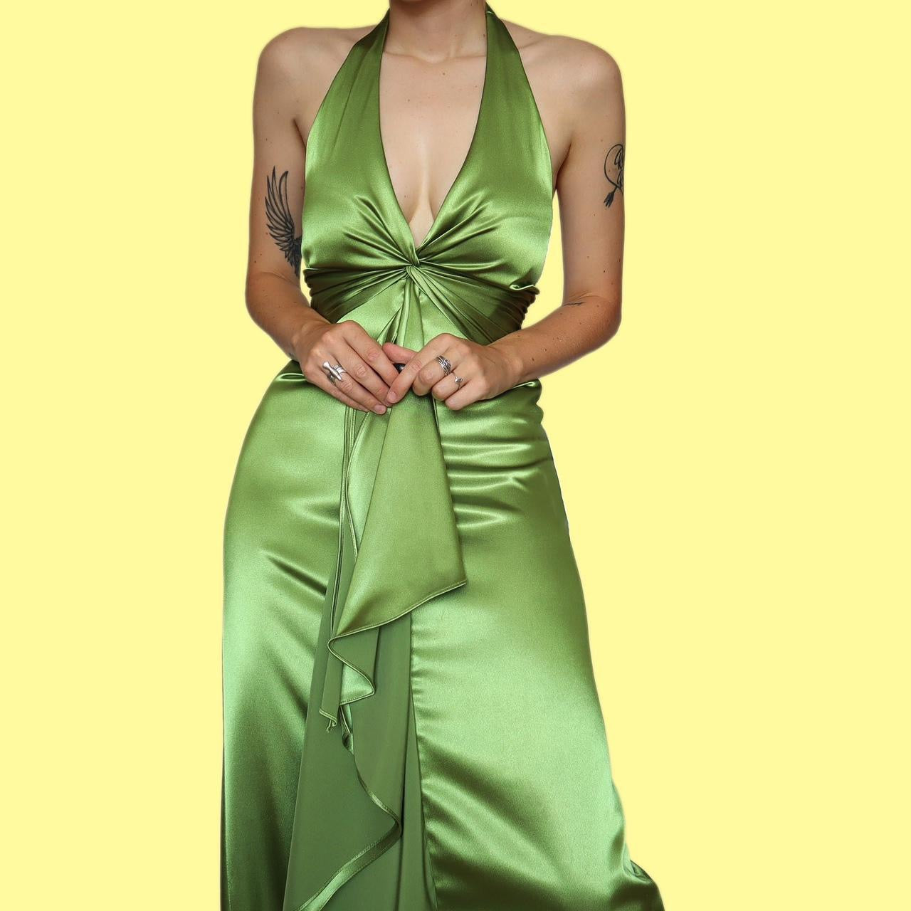 Beautiful green satin halter neck evening dress UK 10