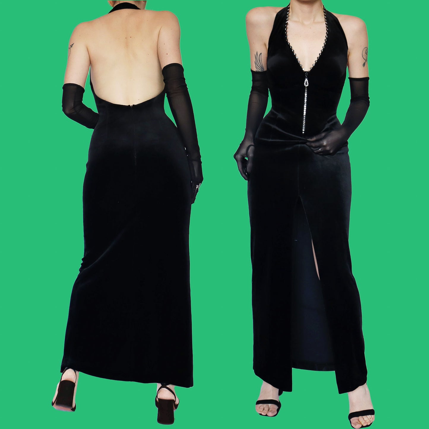 Black velvet diamanté evening dress UK 10