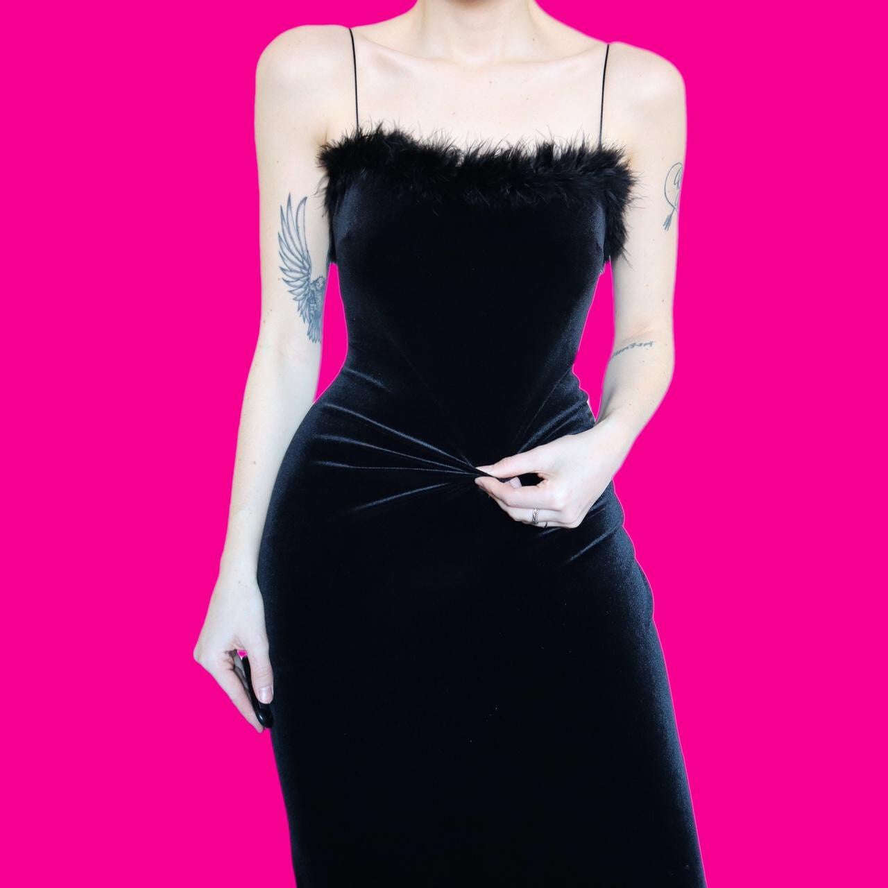 Super cute black velvet stretch fluffy evening dress UK 14