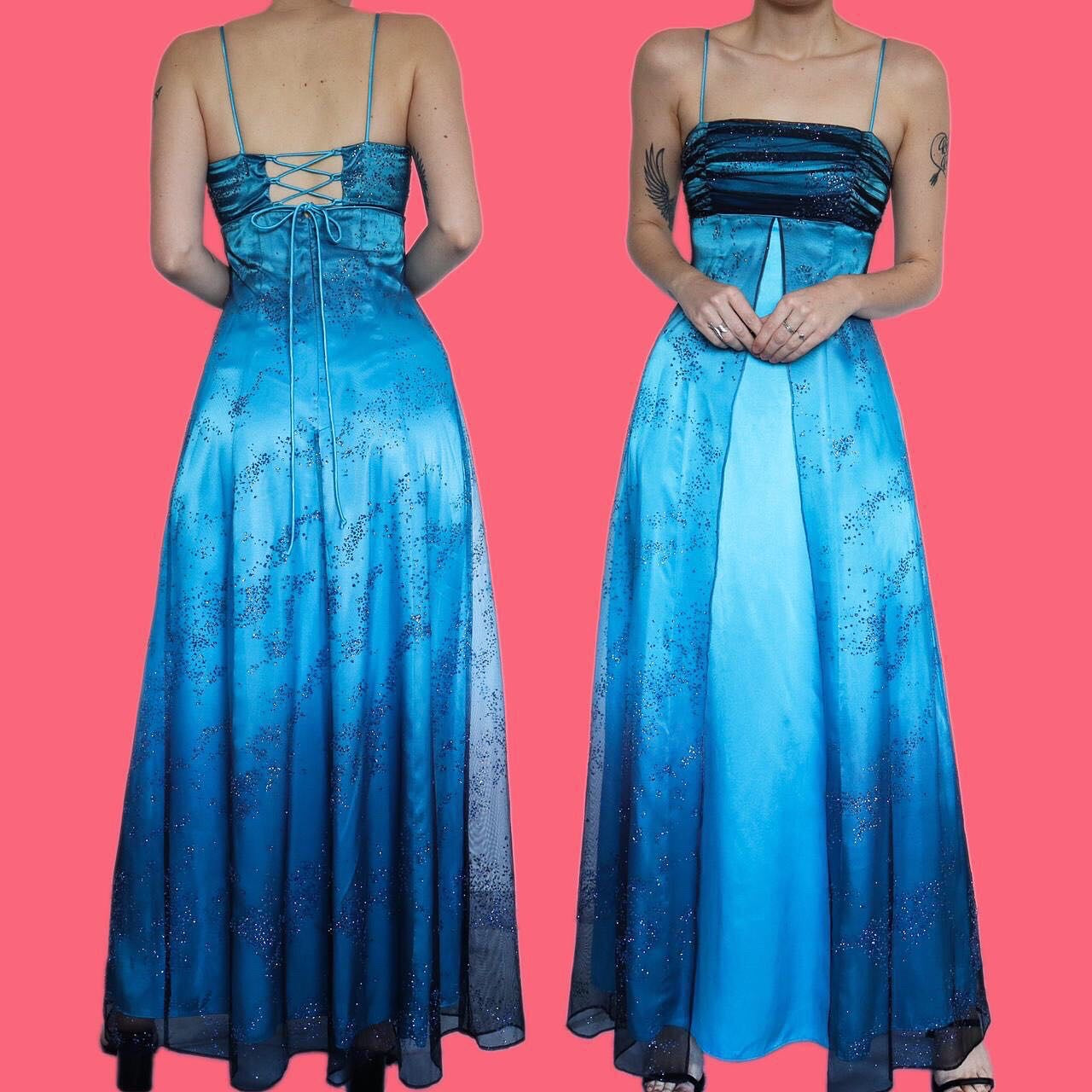 Beautiful Morgan & Co silky blue glitter evening prom dress UK 8