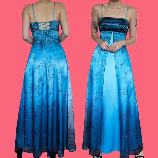 Beautiful Morgan & Co silky blue glitter evening prom dress UK 8